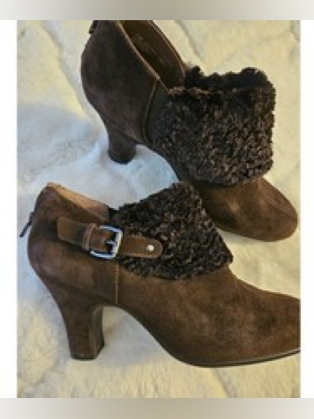 AEROSOLES Brown Suede Heeled Ankle Boots with Faux Fur Cuff